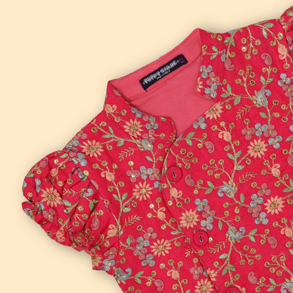 Girls Ethnic Floral Embroidered  Flare Red Dress set