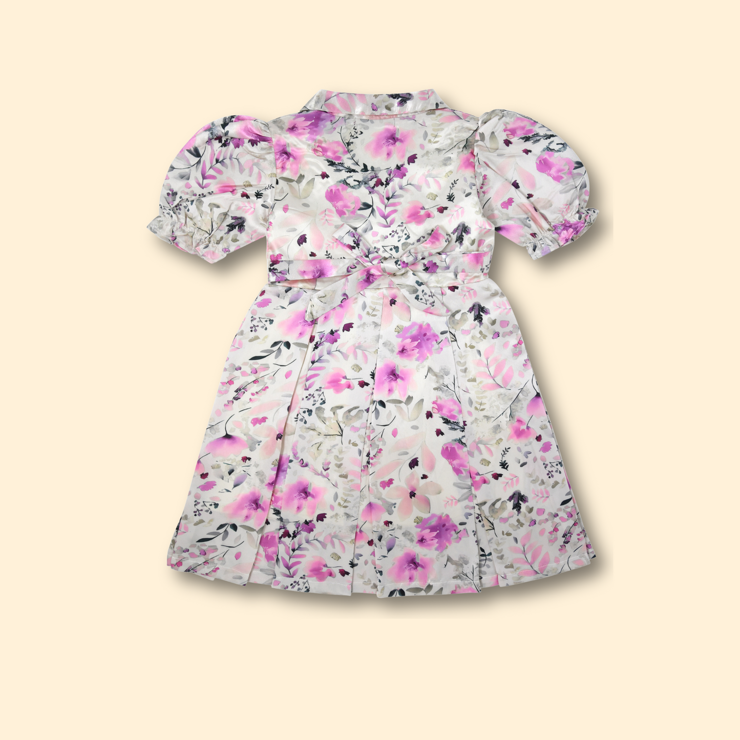 Girls Floral Print Silver Satin Fit & Flare Dress