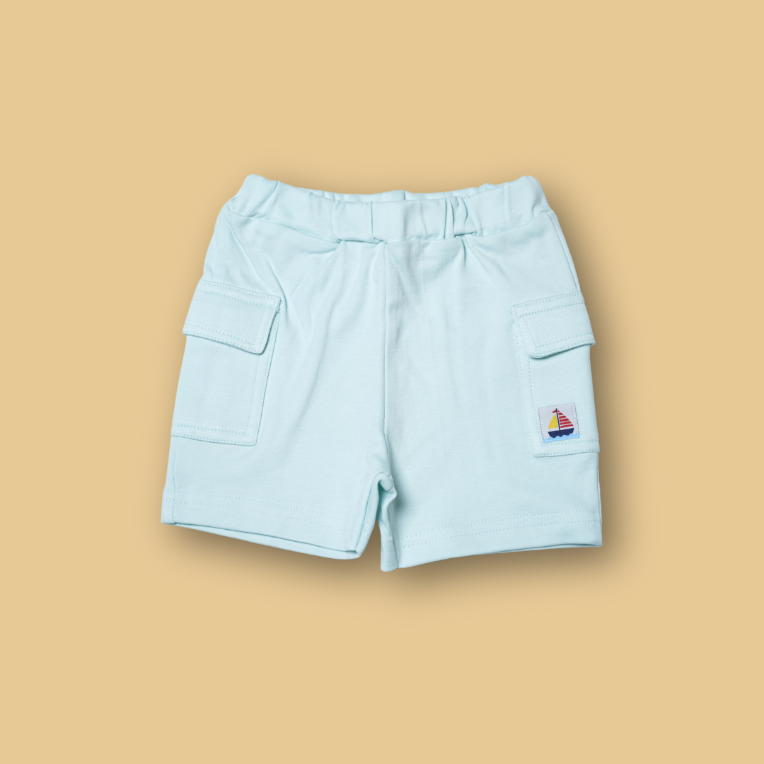 boys mint hooded shirt with 'Little Sailor' and matching cargo shorts