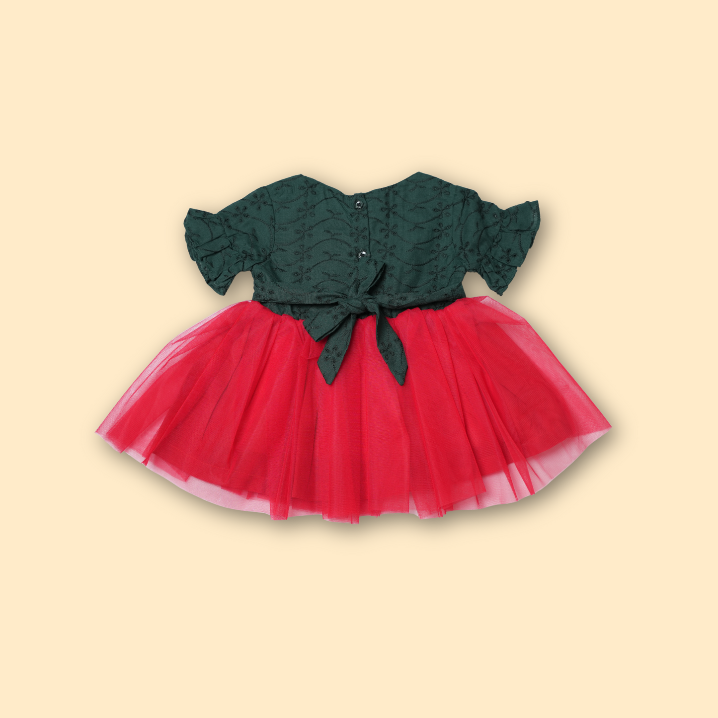 Festive Green and Red Mickey Mouse Schiffli Dress