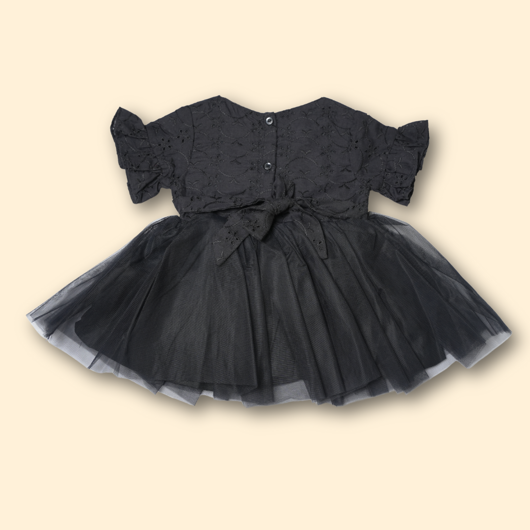girls black tulle dress with red Mickey Mouse applique and lace bodice