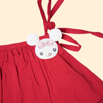 girls red cotton tiered ruffle dress with shoulder tie straps and red Mickey Mouse accent
