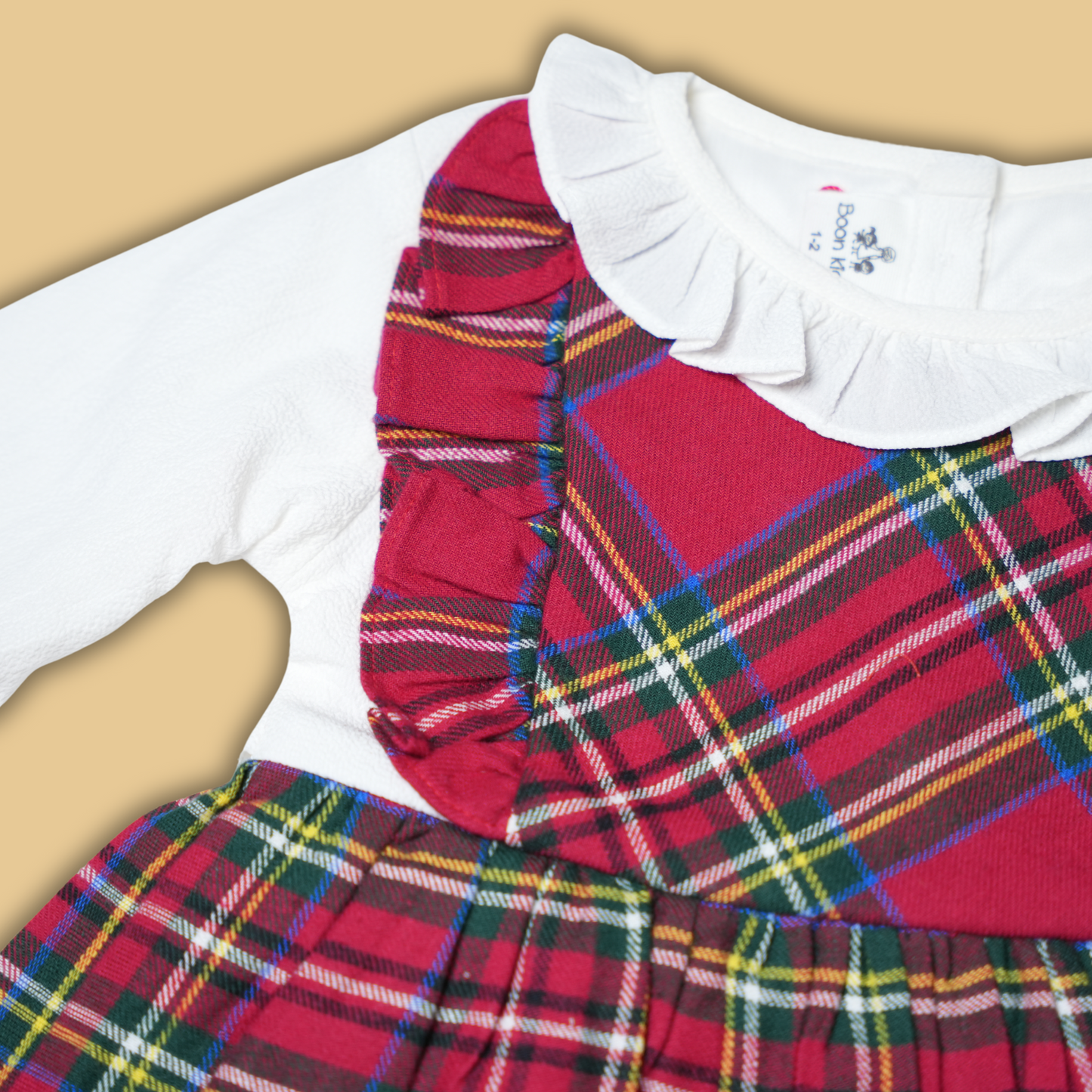 Festive Red Plaid Dress with White Long Sleeve Top and Ruffle Collar