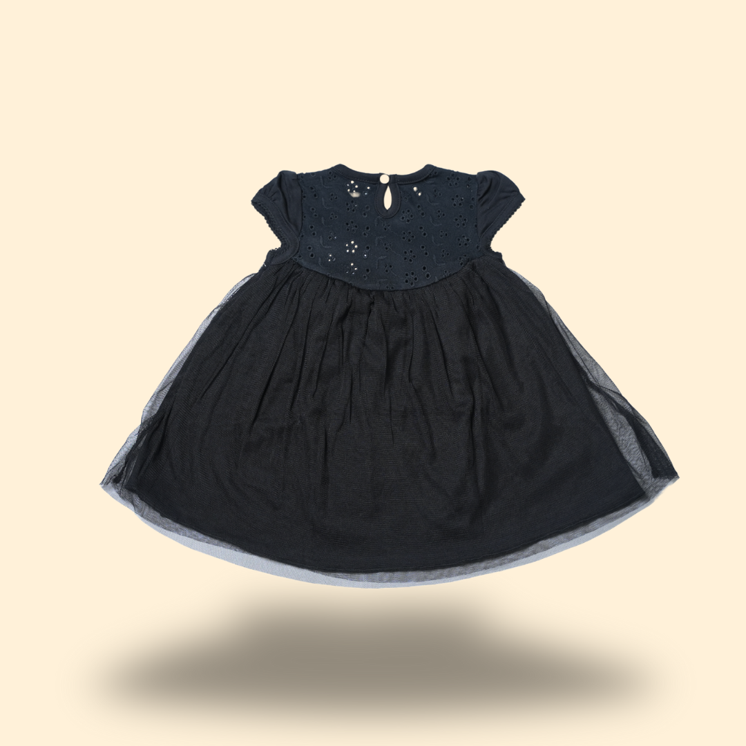 Elegant Black Schiffli Dress with Tulle Overlay