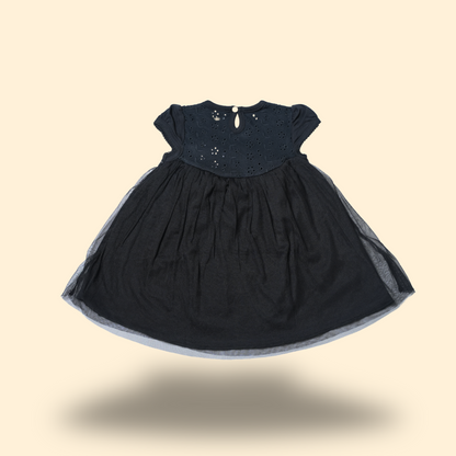 Elegant Black Schiffli Dress with Tulle Overlay