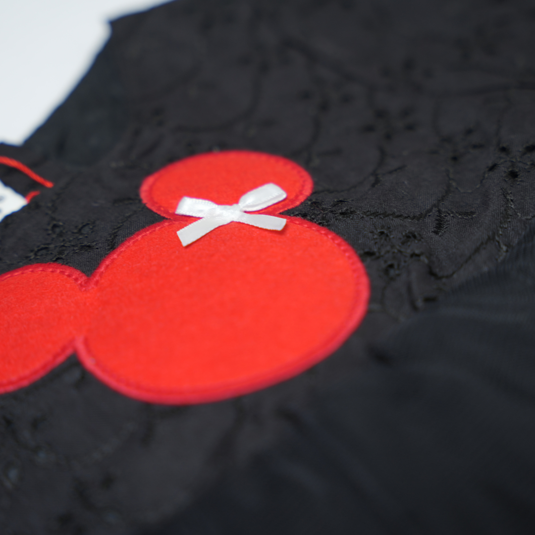 girls black tulle dress with red Mickey Mouse applique and lace bodice