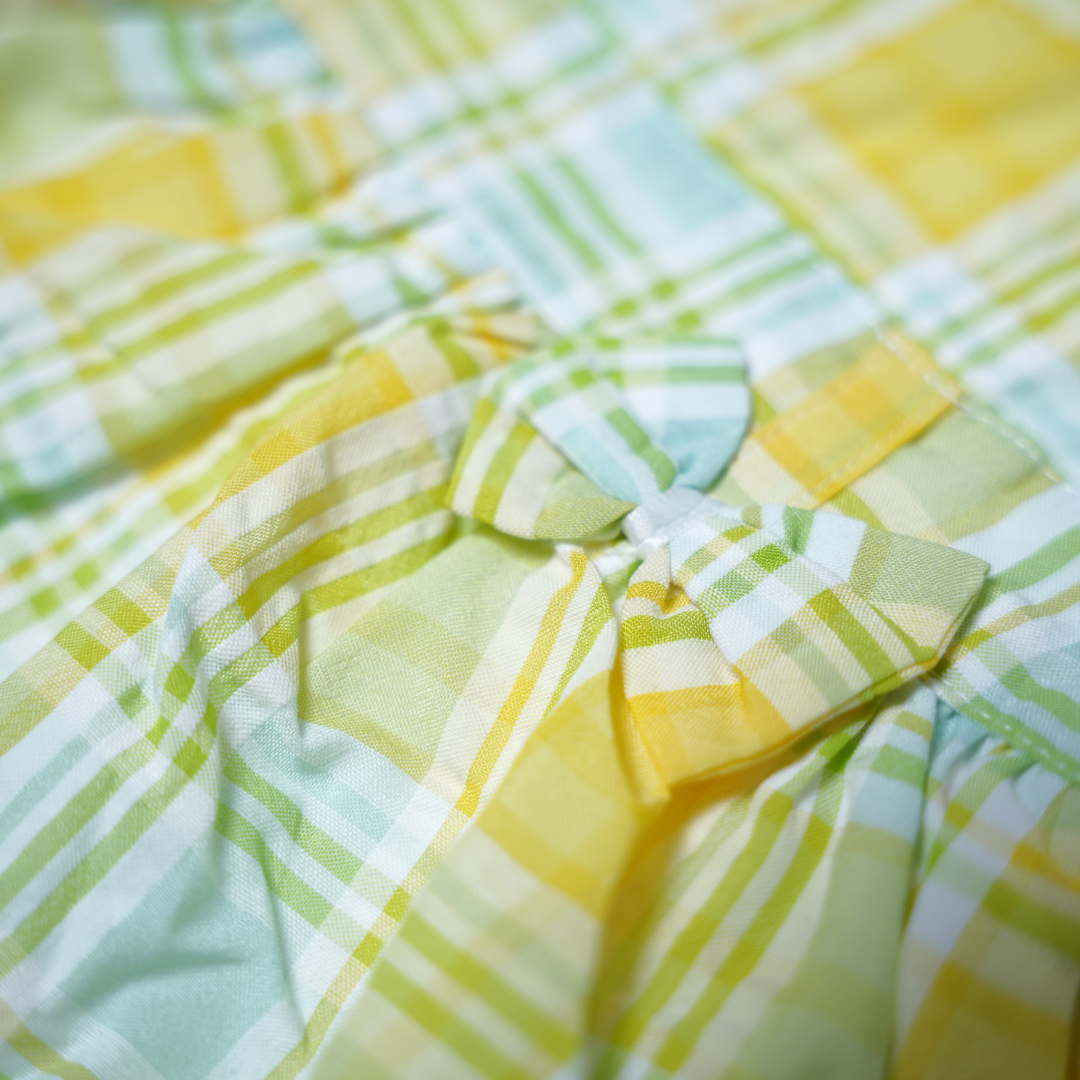 girls plaid pinafore dress with white t-shirt in yellow and mint