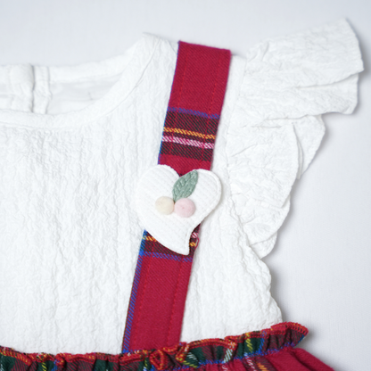 Baby girls white flutter sleeve dress with red plaid pinafore frock dress