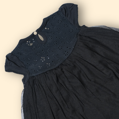 Elegant Black Schiffli Dress with Tulle Overlay