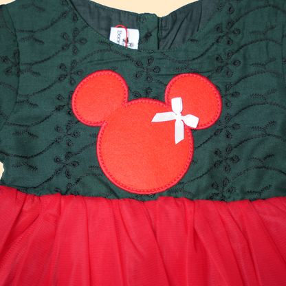 Festive Green and Red Mickey Mouse Schiffli Dress