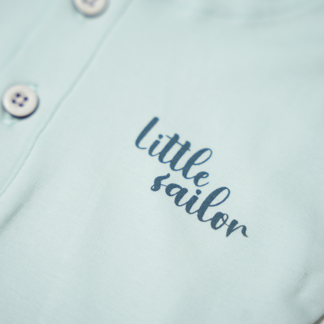 boys mint hooded shirt with 'Little Sailor' and matching cargo shorts