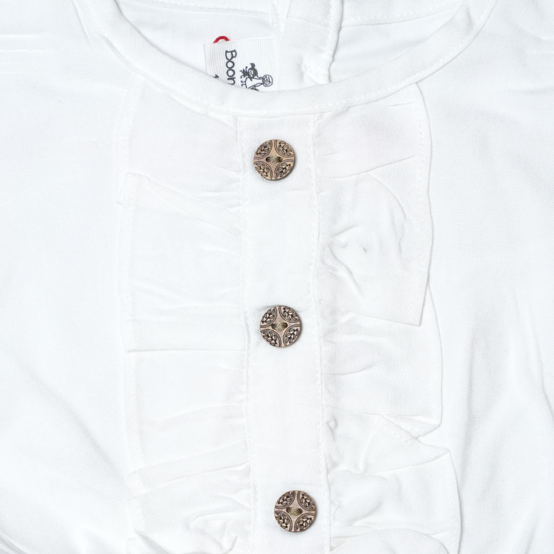 white button-up top with red Christmas print tiered skirt set