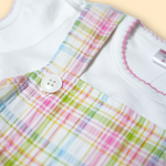 girls plaid pinafore dress with white t-shirt in pastel pink and green
