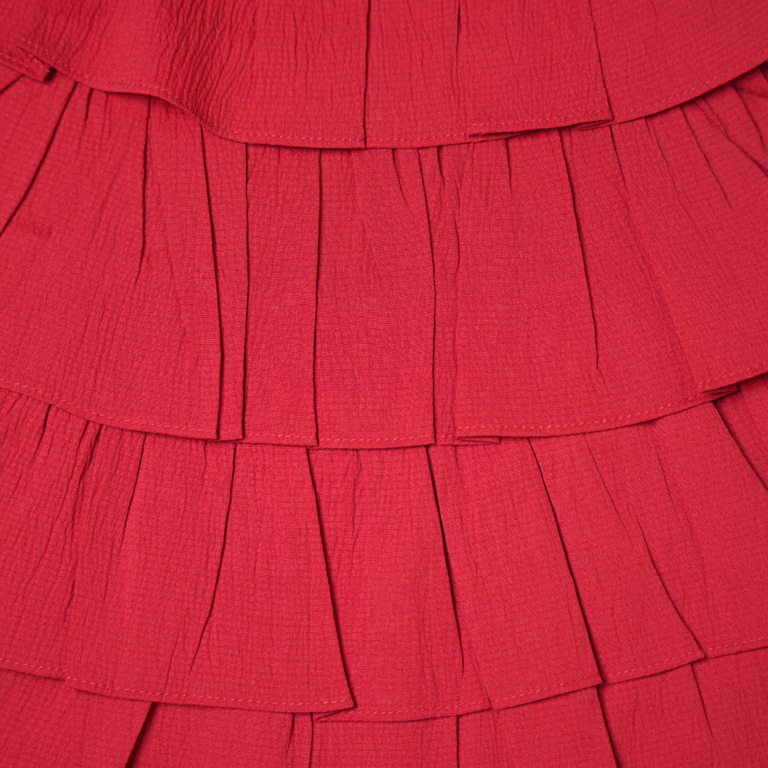 girls red cotton tiered ruffle dress with shoulder tie straps and red Mickey Mouse accent