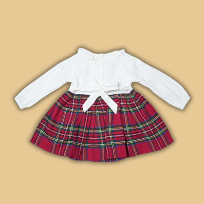 Festive Red Plaid Dress with White Long Sleeve Top and Ruffle Collar