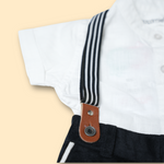 boys white button-up shirt with black shorts and striped suspenders set