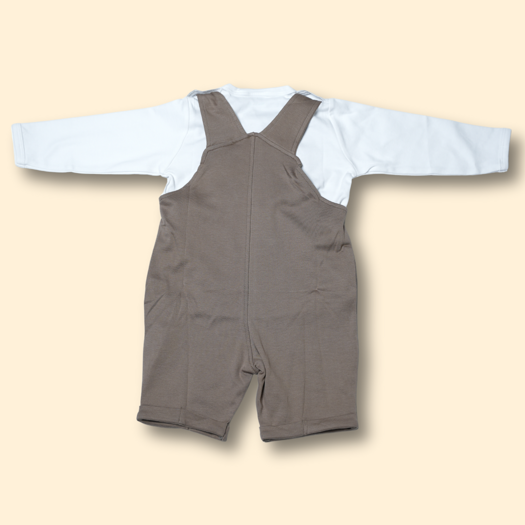 boys white long sleeve shirt with dust color cotton overalls two-piece set