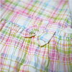 girls plaid pinafore dress with white t-shirt in pastel pink and green