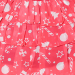 white button-up top with red Christmas print tiered skirt set