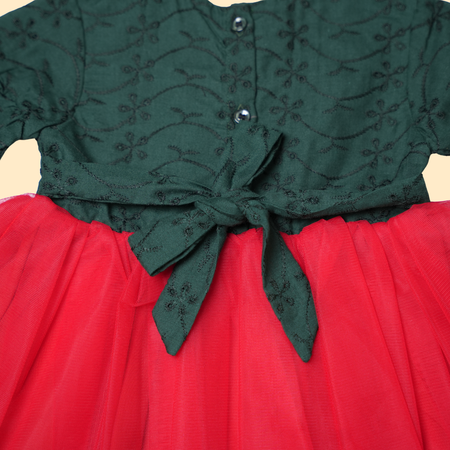 Festive Green and Red Mickey Mouse Schiffli Dress