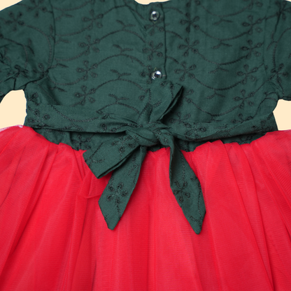 Festive Green and Red Mickey Mouse Schiffli Dress