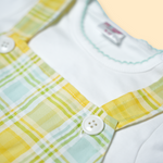 girls plaid pinafore dress with white t-shirt in yellow and mint