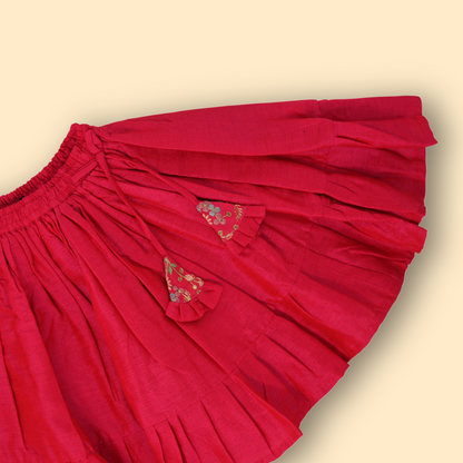 Girls Ethnic Floral Embroidered  Flare Red Dress set