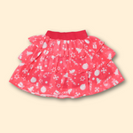 white button-up top with red Christmas print tiered skirt set