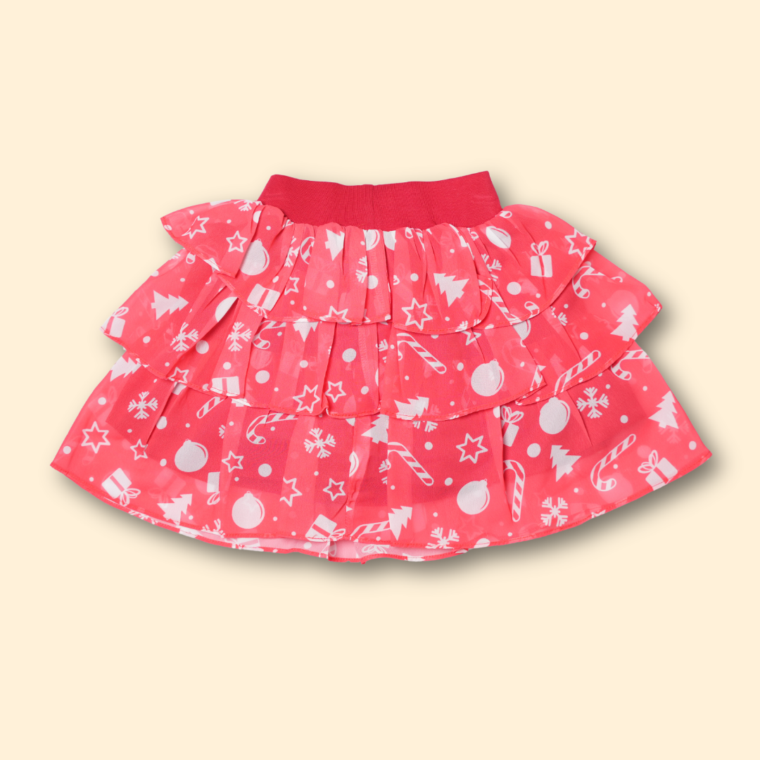 white button-up top with red Christmas print tiered skirt set