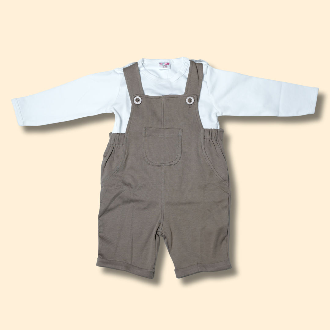boys white long sleeve shirt with dust color cotton overalls two-piece set