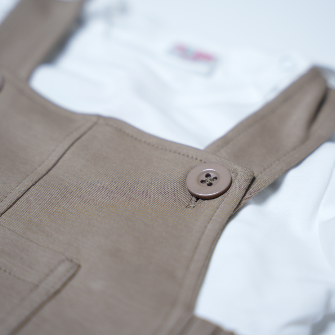 boys white long sleeve shirt with dust color cotton overalls two-piece set