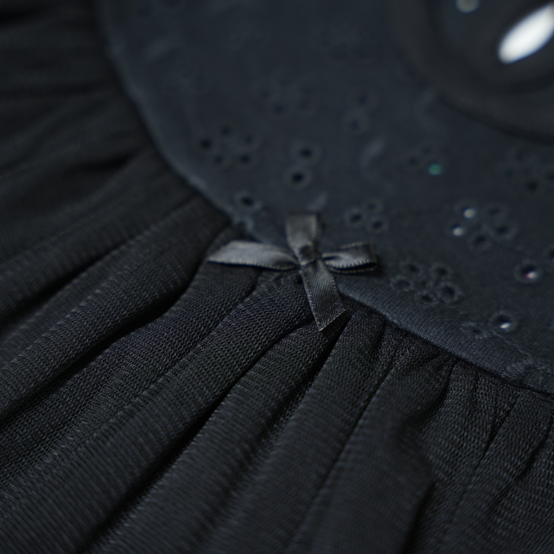 Elegant Black Schiffli Dress with Tulle Overlay