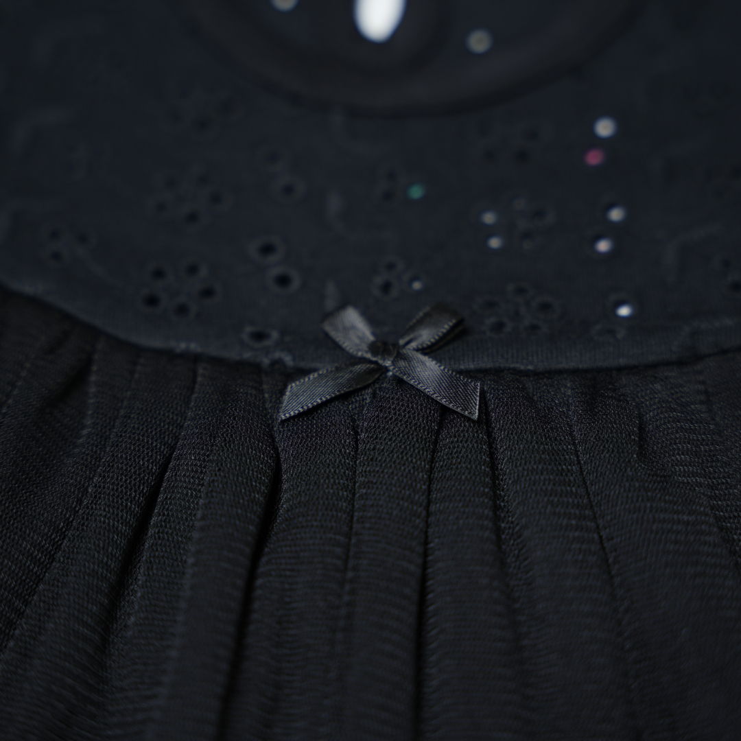 Elegant Black Schiffli Dress with Tulle Overlay