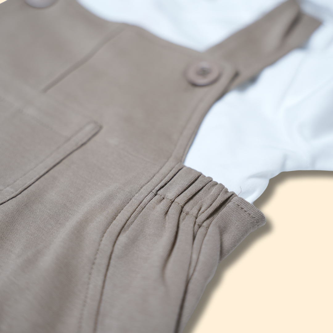 boys white long sleeve shirt with dust color cotton overalls two-piece set