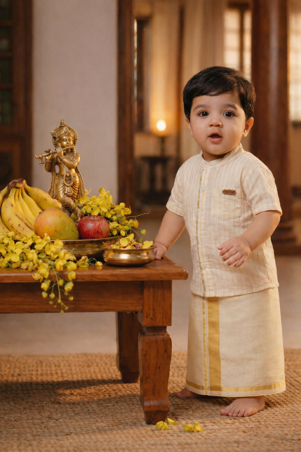 Boys Classic Gold Striped Mandarin Shirt Mundu Set