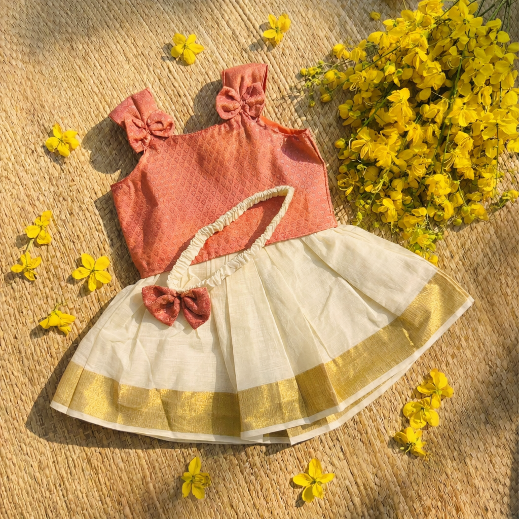Kids' Peach & Gold Traditional Pattu Pavada Set