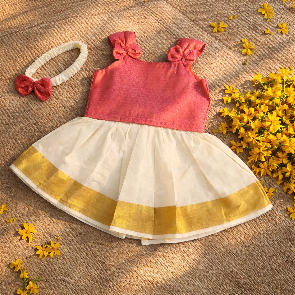 Kids' Peach & Gold Traditional Pattu Pavada Set