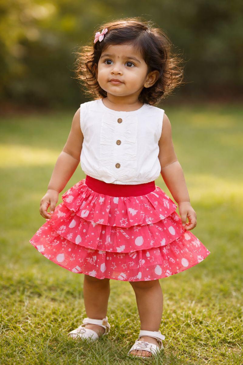 Girls White Ruffle Top with with Festive Red Printed Skirt