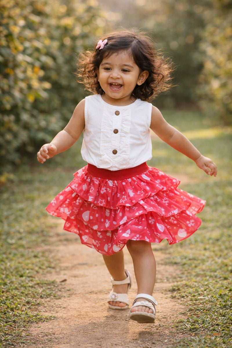 Girls White Ruffle Top with with Festive Red Printed Skirt