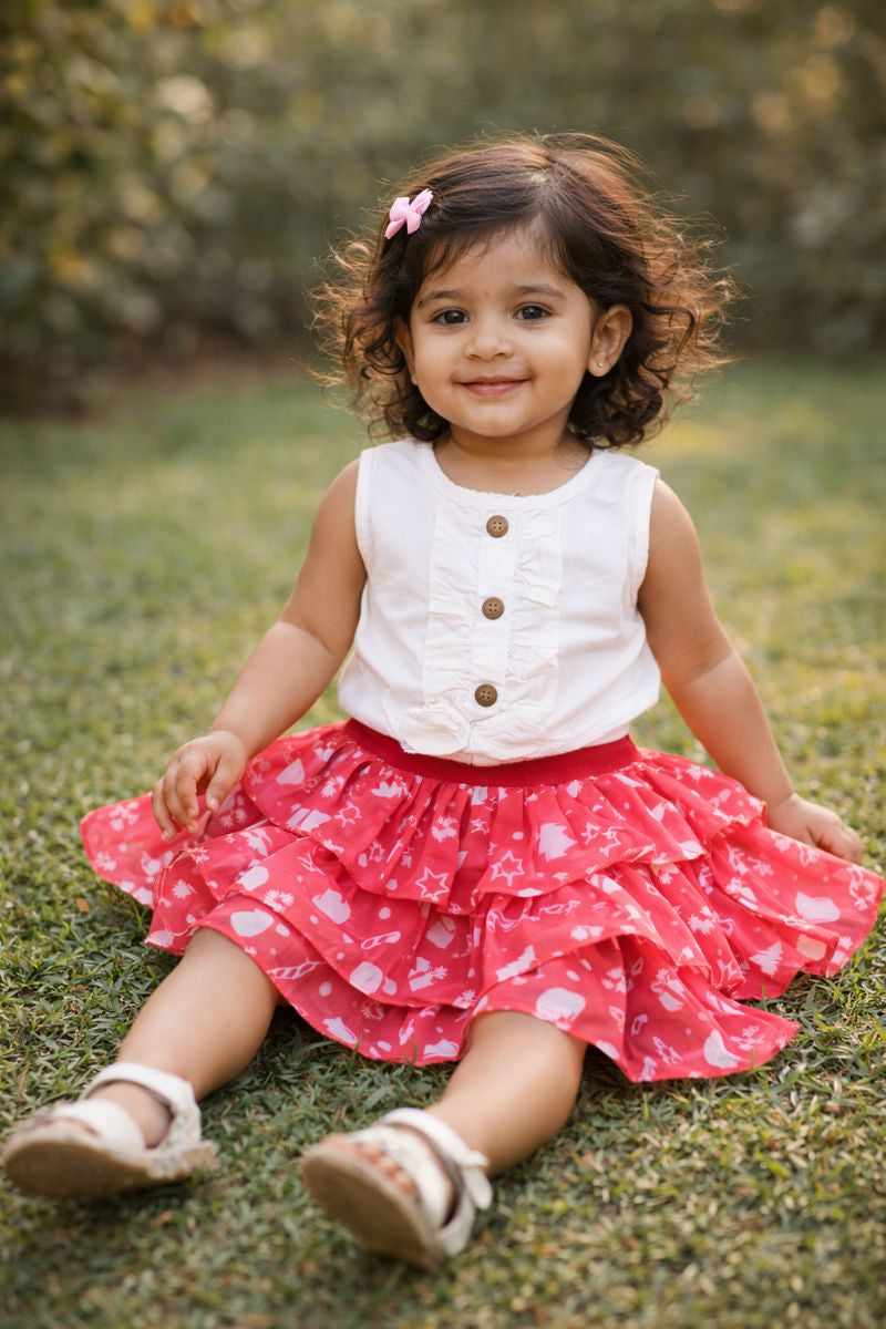 Girls White Ruffle Top with with Festive Red Printed Skirt