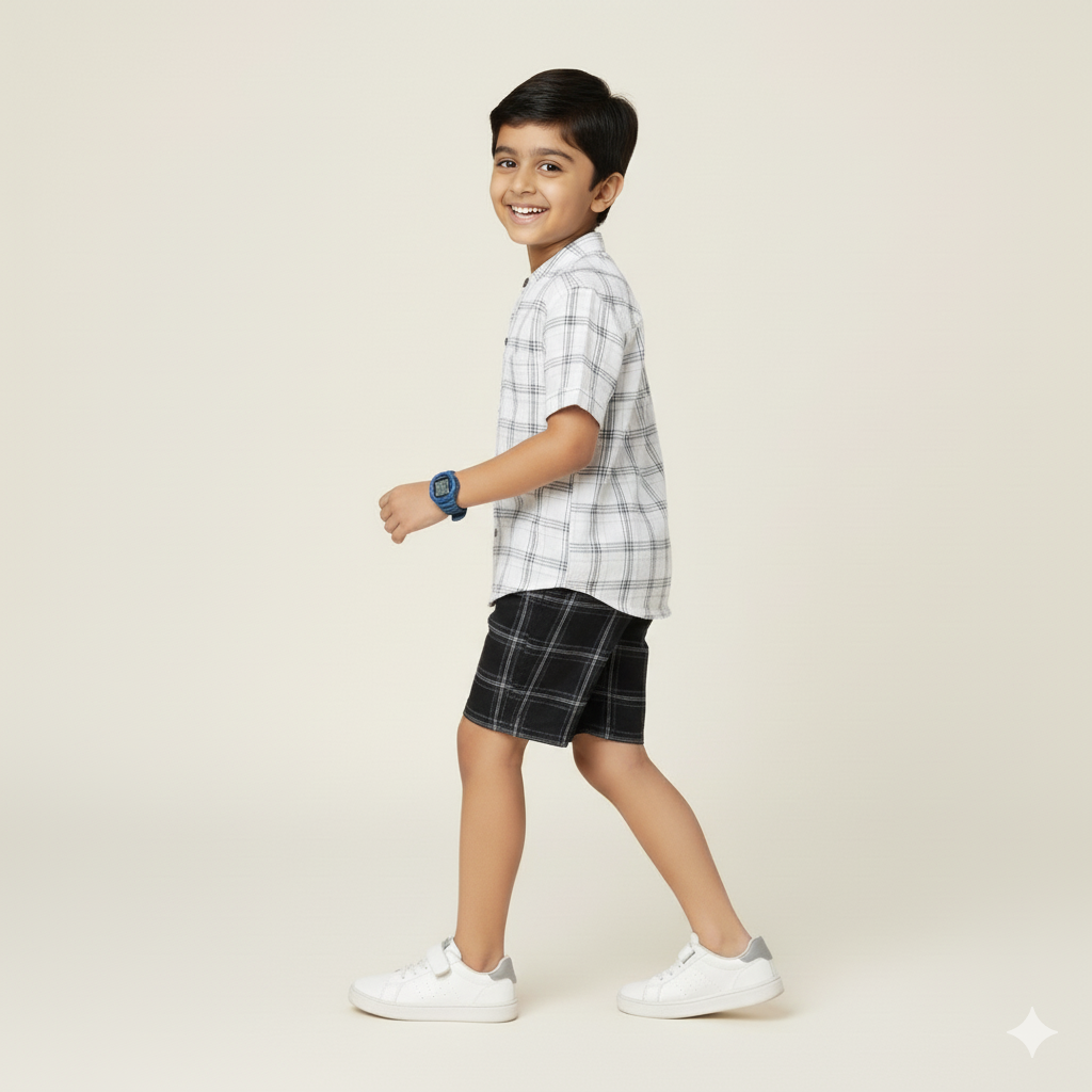 Boys Slim Fit Printed Casual Check Shirt and Shorts Set