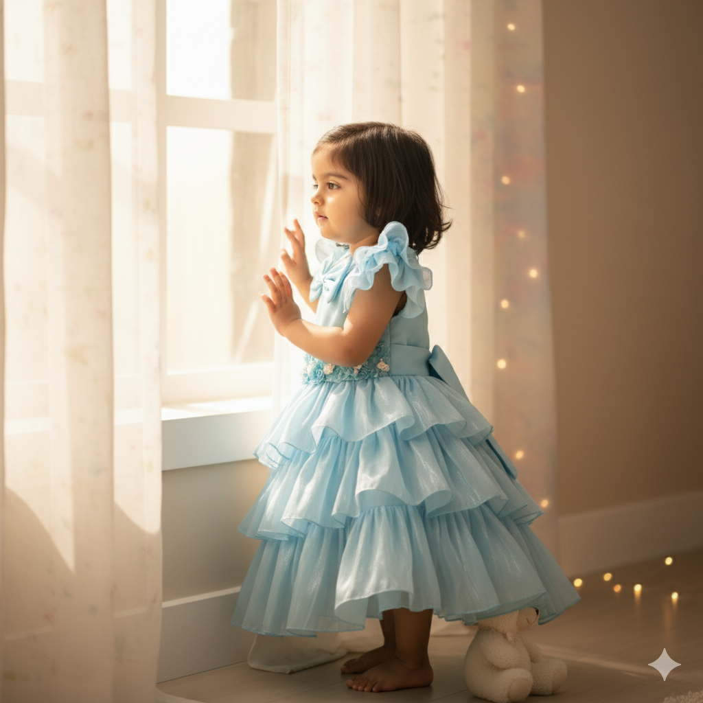 Girls Light Blue Flared Party Frock