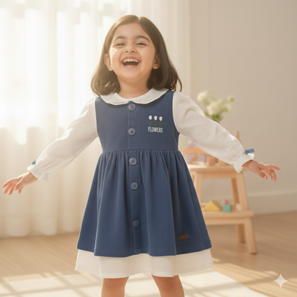 Sweet Blue Corduroy Pinafore with White Puff-Sleeves Top