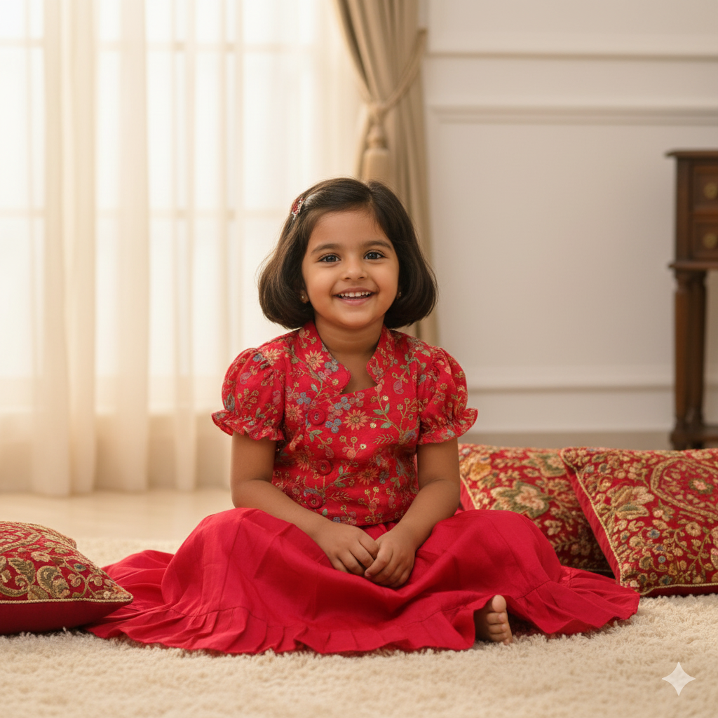 Girls Ethnic Floral Embroidered  Flare Red Dress set