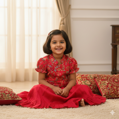 Girls Ethnic Floral Embroidered  Flare Red Dress set