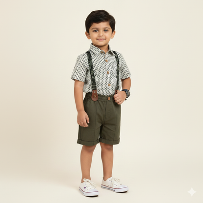 Boys Cotton Full Sleeves Dungarees  set Shirt Pant With Suspender