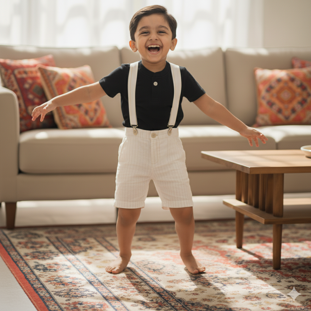 Dapper Black Polo with White Suspender Shorts