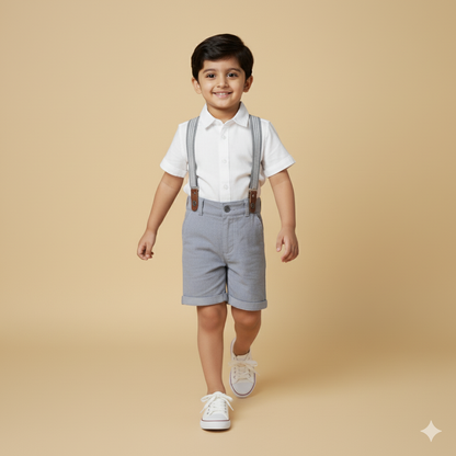 Boys Dapper White Shirt and Grey Shorts sets with Suspenders