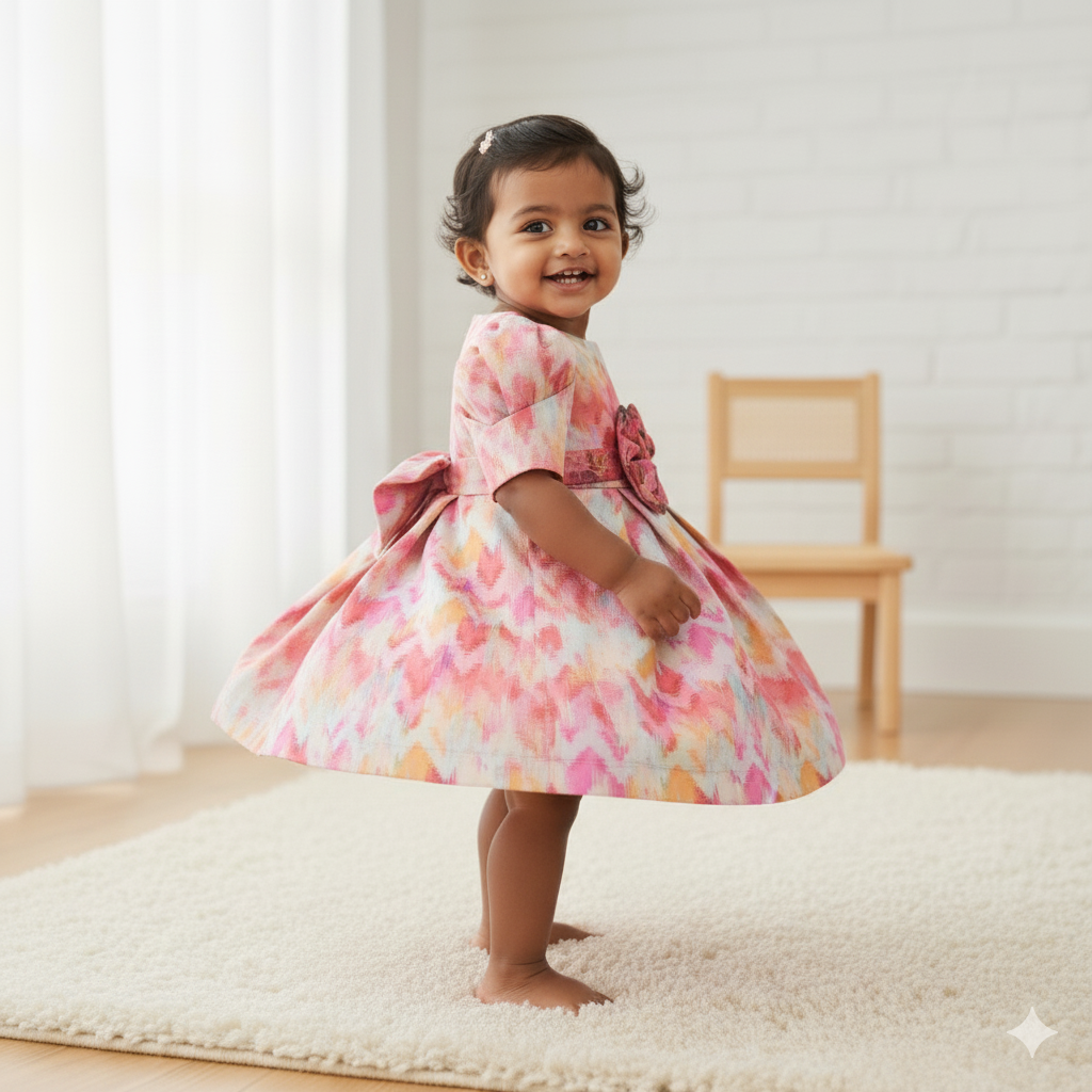 Girls Floral Print Satin Fit & Flare Dress