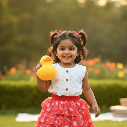 Girls White Ruffle Top with with Festive Red Printed Skirt